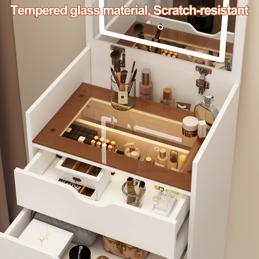 Dressing Table and Stool, 3-in-1 Multifunctional Dressing Table Set, Featuring Three-color Lighting Modes, HD Mirror, Two Sliding Drawers, and a Hidden Storage Stool - Grand Goldman Shop