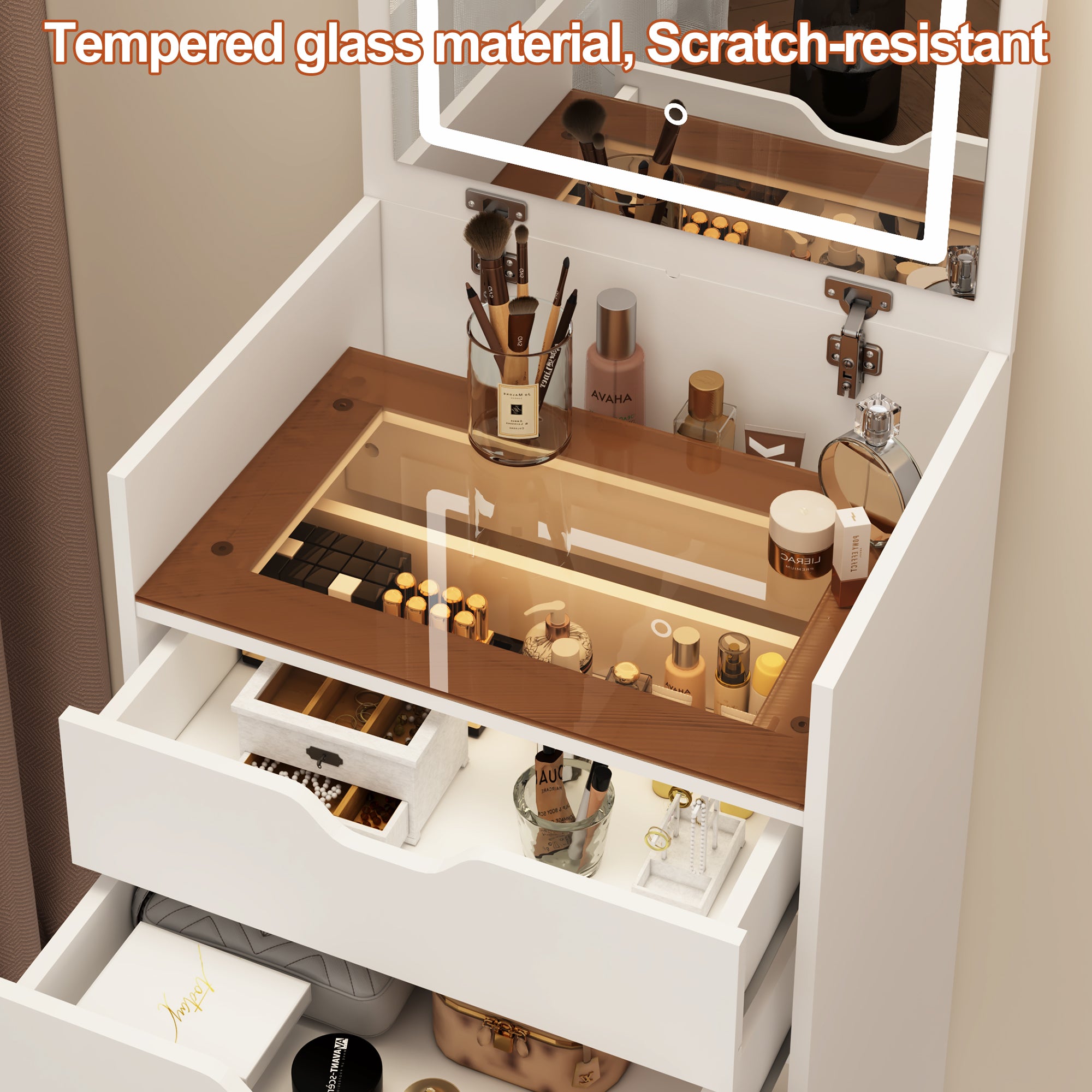 Dressing Table and Stool, 3-in-1 Multifunctional Dressing Table Set, Featuring Three-color Lighting Modes, HD Mirror, Two Sliding Drawers, and a Hidden Storage Stool - Grand Goldman Shop