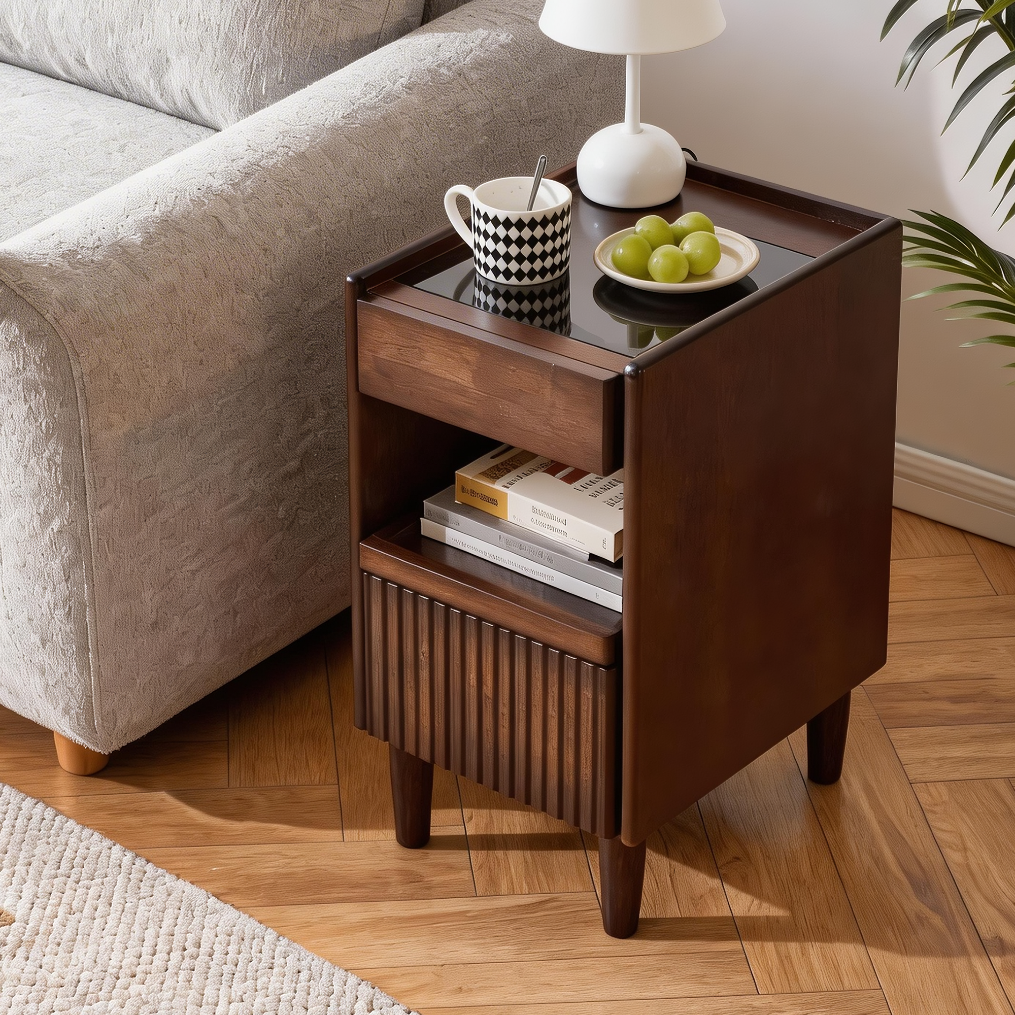 Wooden Bedside Table  with 1 Drawer Open Shelves, Wood Board Side Tables Storage Small Narrow Desk Chest of Drawer, Lamp Stand Nightstand Cabinet, Bedroom Living Room Home Furniture - Grand Goldman Shop