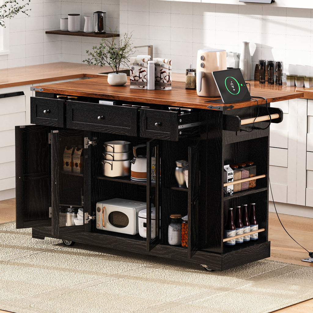 K&K 53'' Farmhouse Kitchen Island with Two Tempered Glass Cabinet Doors, Power Outlet, Rolling Kitchen Cart on Wheels with Drop Leaf, 5 Open Side Racks, 3 Drawers, for Kitchen, Dining Room, Black - Grand Goldman Shop