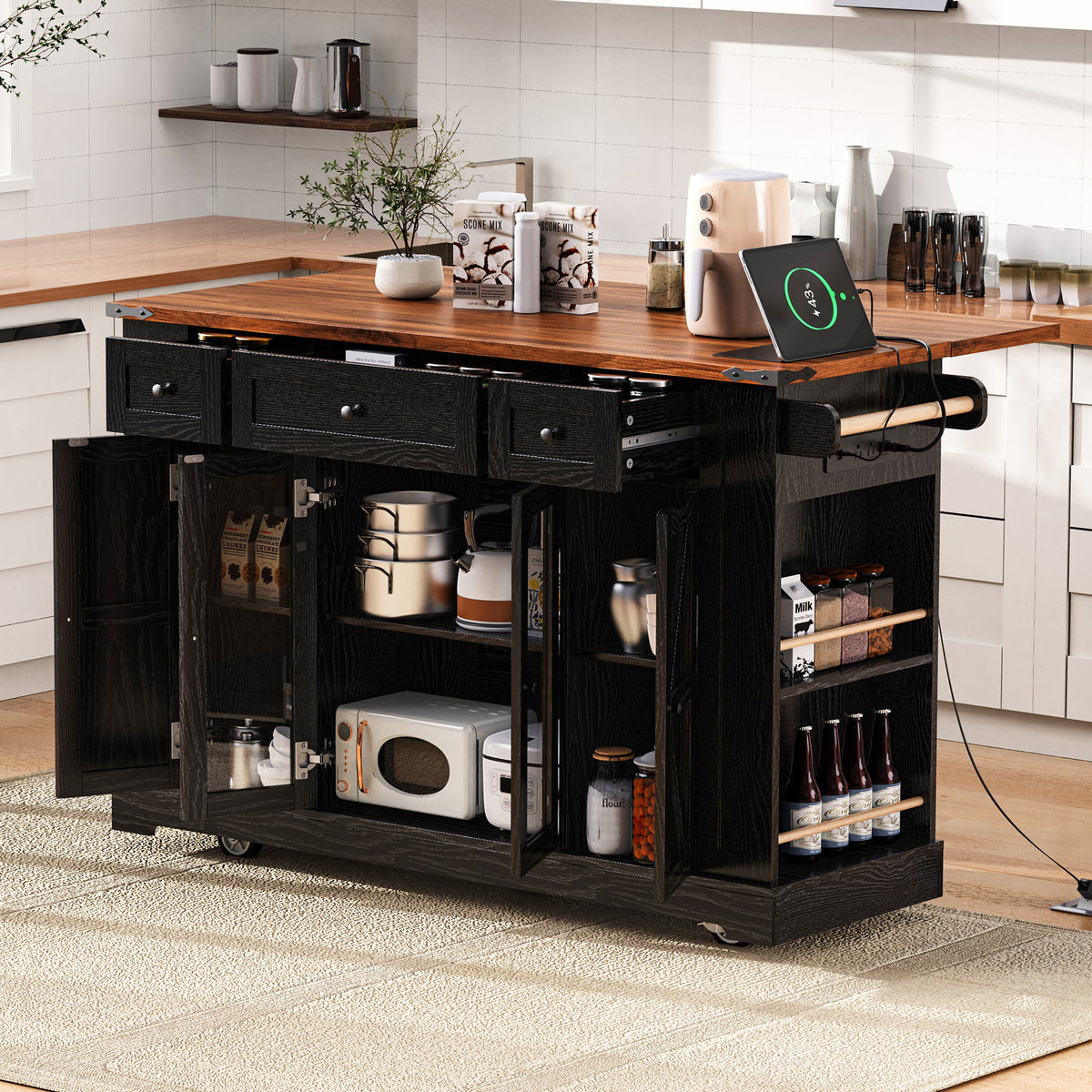K&K 53'' Farmhouse Kitchen Island with Two Tempered Glass Cabinet Doors, Power Outlet, Rolling Kitchen Cart on Wheels with Drop Leaf, 5 Open Side Racks, 3 Drawers, for Kitchen, Dining Room, Black - Grand Goldman Shop