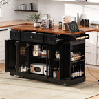 K&K 53'' Farmhouse Kitchen Island with Two Tempered Glass Cabinet Doors, Power Outlet, Rolling Kitchen Cart on Wheels with Drop Leaf, 5 Open Side Racks, 3 Drawers, for Kitchen, Dining Room, Black - Grand Goldman Shop