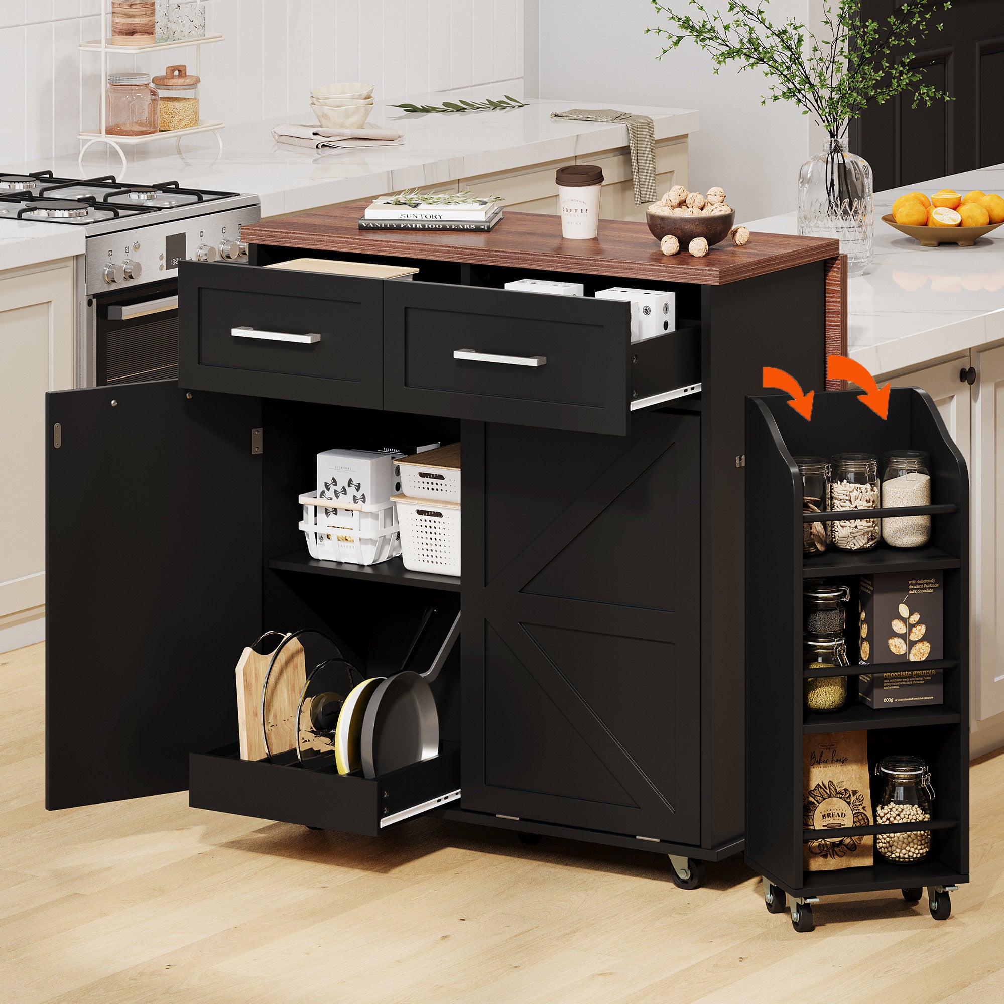 K&K 47.2' Farmhouse Kitchen Island with Drop Leaf, Kitchen Storage Island with Removable Side Racks, Two Drawers, Rolling Kitchen Cart on Wheels with Towel Rack, for Home, Kitchen, Dining Room, Black - Grand Goldman Shop