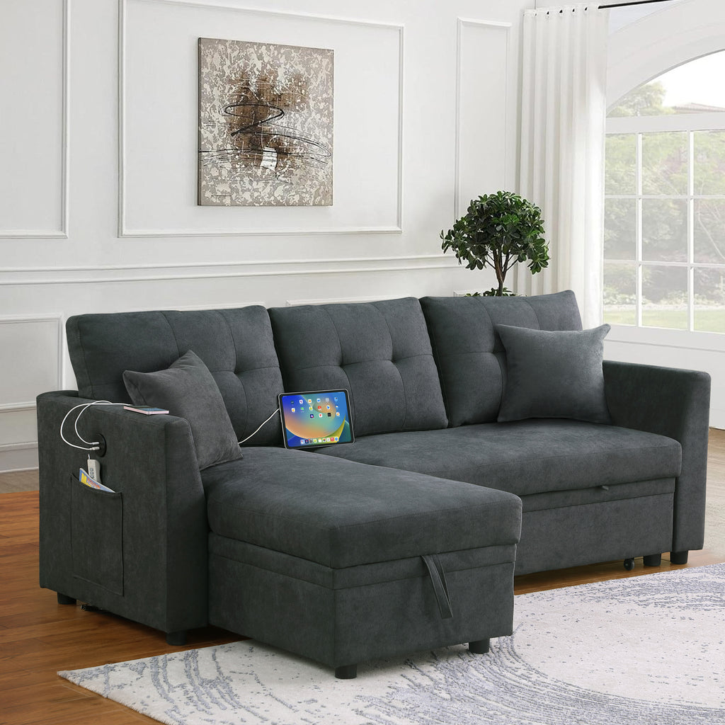Sectional Sofa Bed L-Shaped Sofa Couch Bed with USB Port, Reversible Sofa Couch Sleeper with Pull Out Bed, Chaise with Storage, Pull Out Couch for Living Room - Grand Goldman Shop