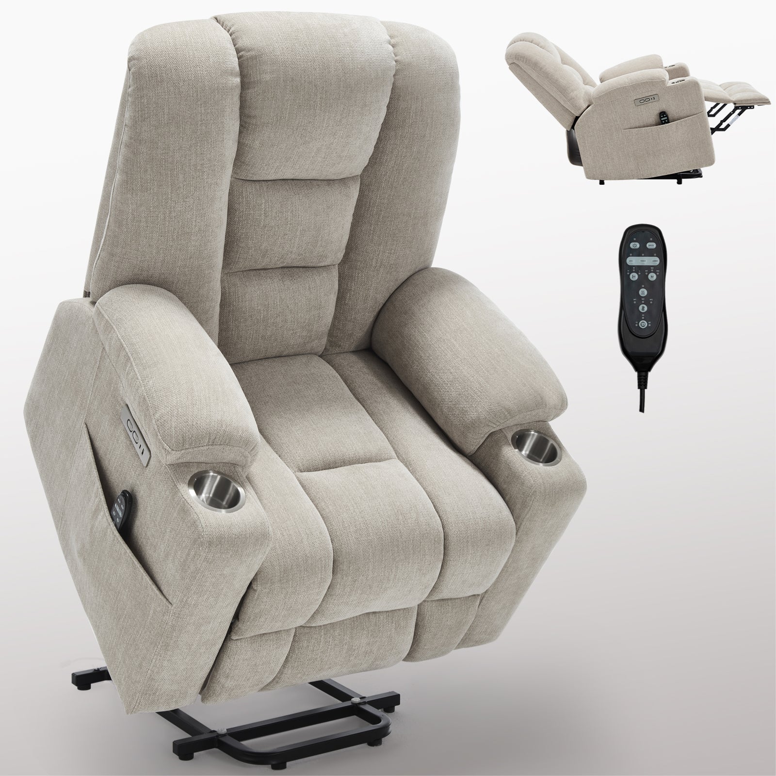 Power Lift Recliner Chair with Massage and Heat for Elderly, Overstuffed Wide Recliners, Heavy Duty Motion Mechanism with USB and Type C Ports, 2 Steel Cup Holders, Beige - Grand Goldman Shop