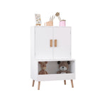 Kids Toy Storage Cabinet with Doors and Open Shelf, White Modern Wooden Organizer with Natural Wood Legs, Toddler Bookshelf f