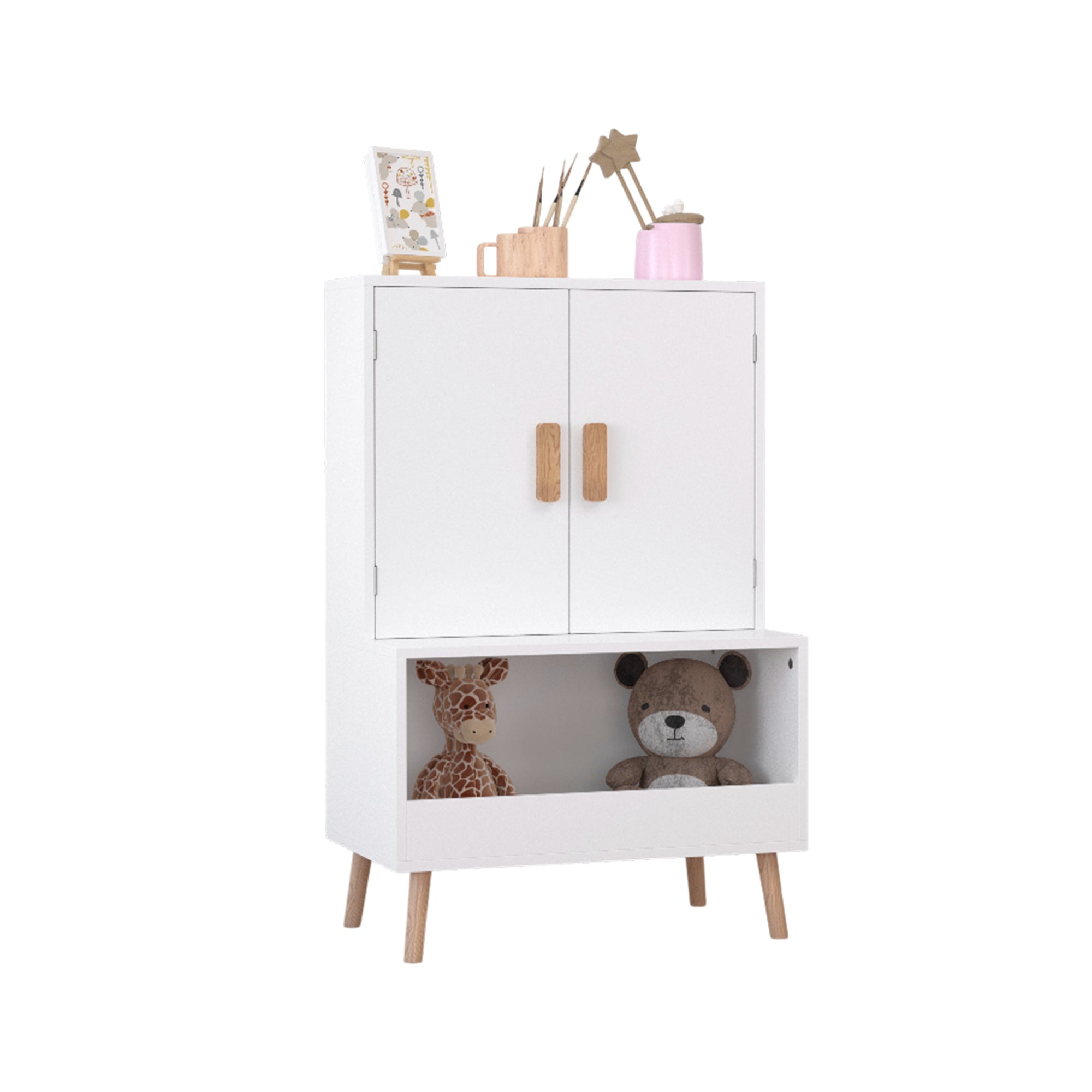 Kids Toy Storage Cabinet with Doors and Open Shelf, White Modern Wooden Organizer with Natural Wood Legs, Toddler Bookshelf f