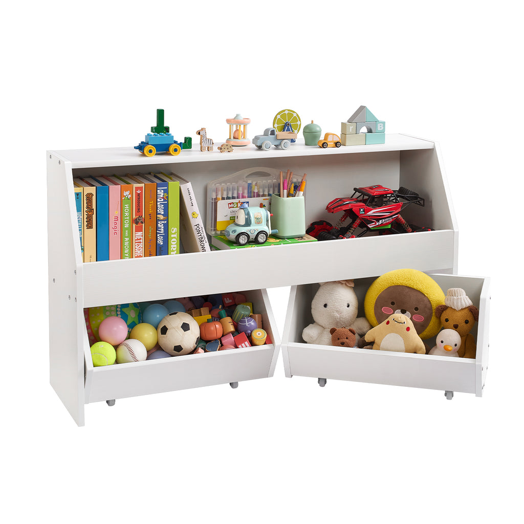 Toy Storage Organizer, Wooden Kids Bookshelf with Storage, Toy Storage Cabinet with 2 Mobile Drawers, Kids Storage Organizer 