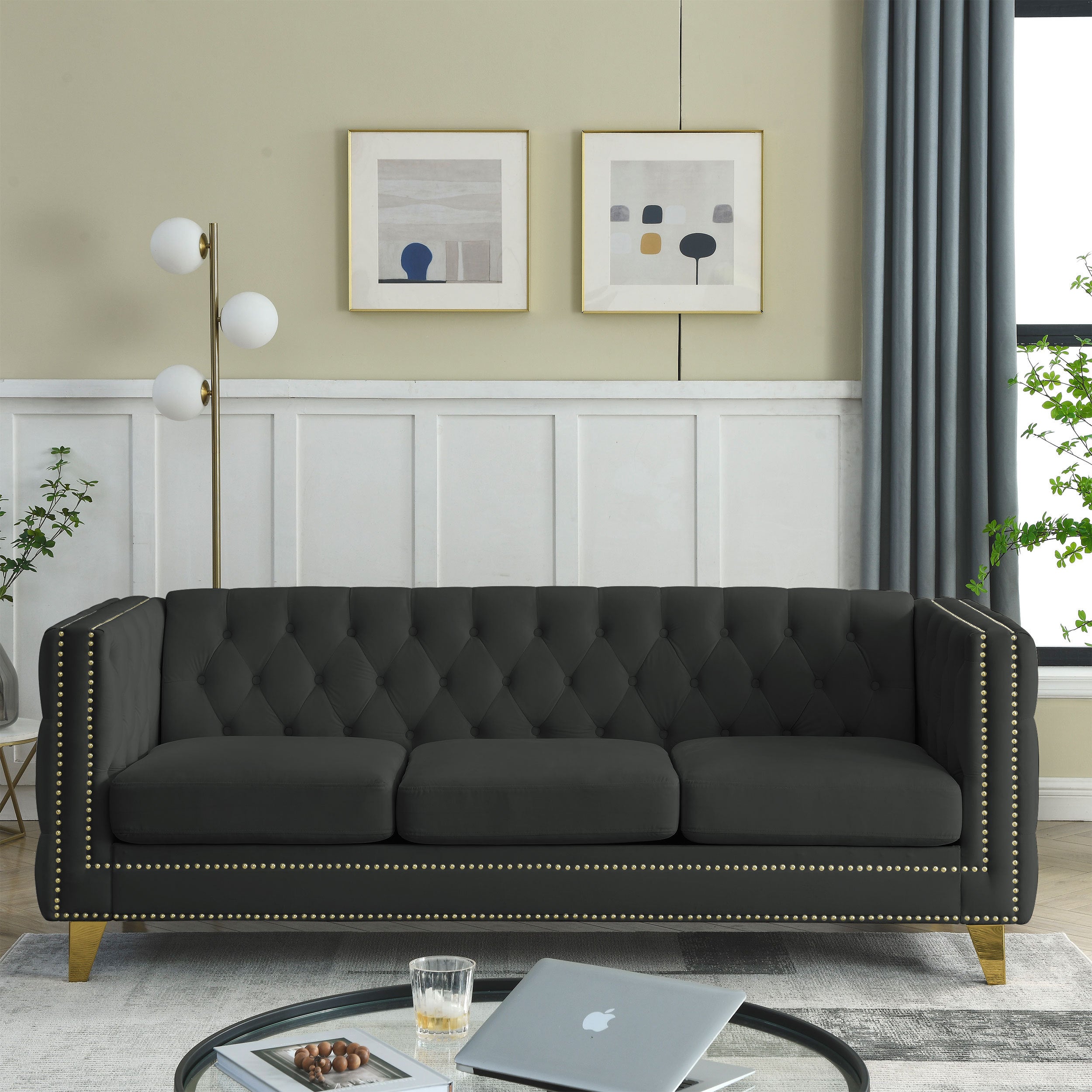 Modern Black Velvet Sofa with Button Tufting and Metal Legs, 3-Seater Couch for Living Room or Bedroom, Upholstered in Soft Velvet with Solid Wood Frame - Grand Goldman Shop