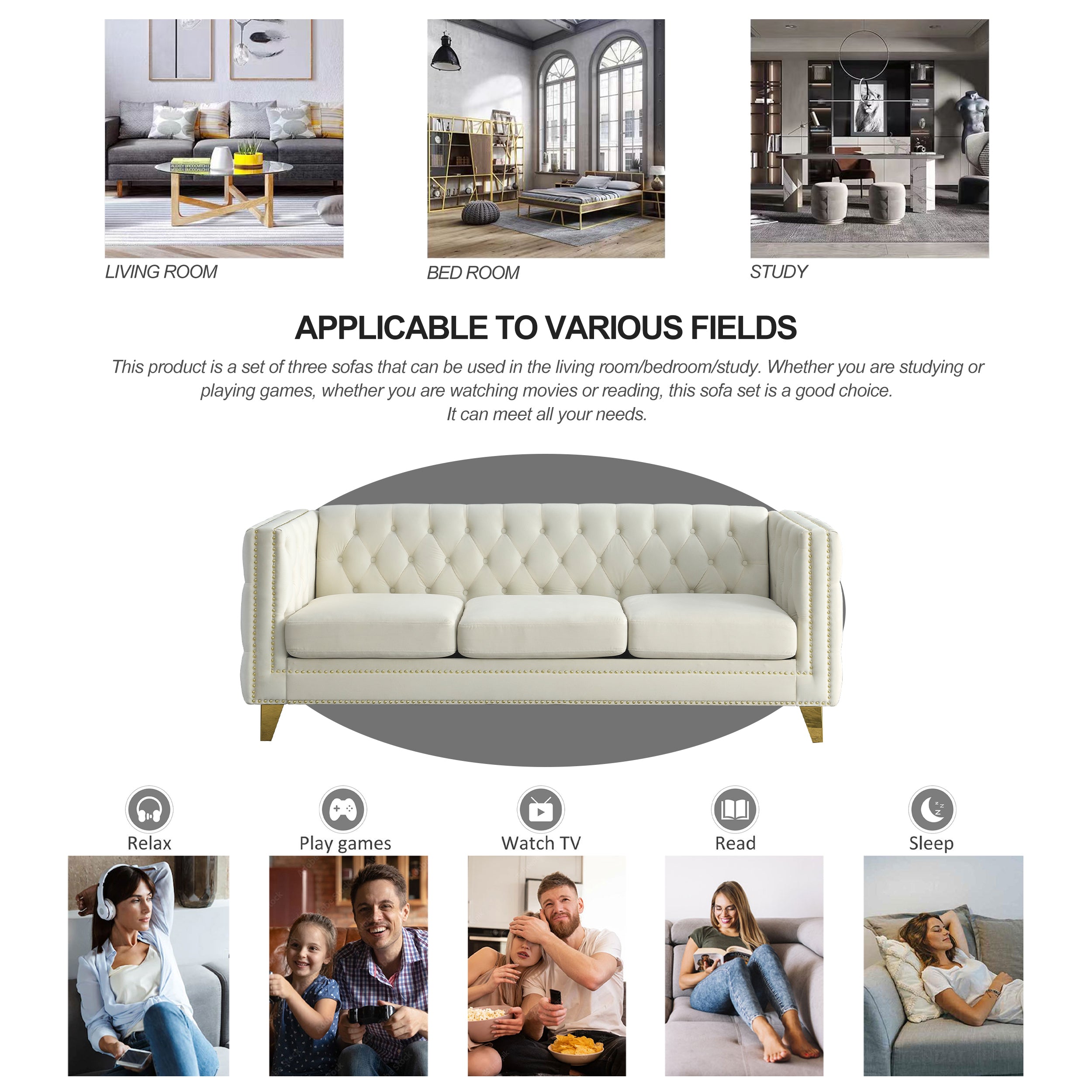 Modern Velvet Sofa with Button Tufting and Metal Legs, Beige Upholstered Couch for Living Room or Bedroom, 3-Seater, W834S00023 - Grand Goldman Shop