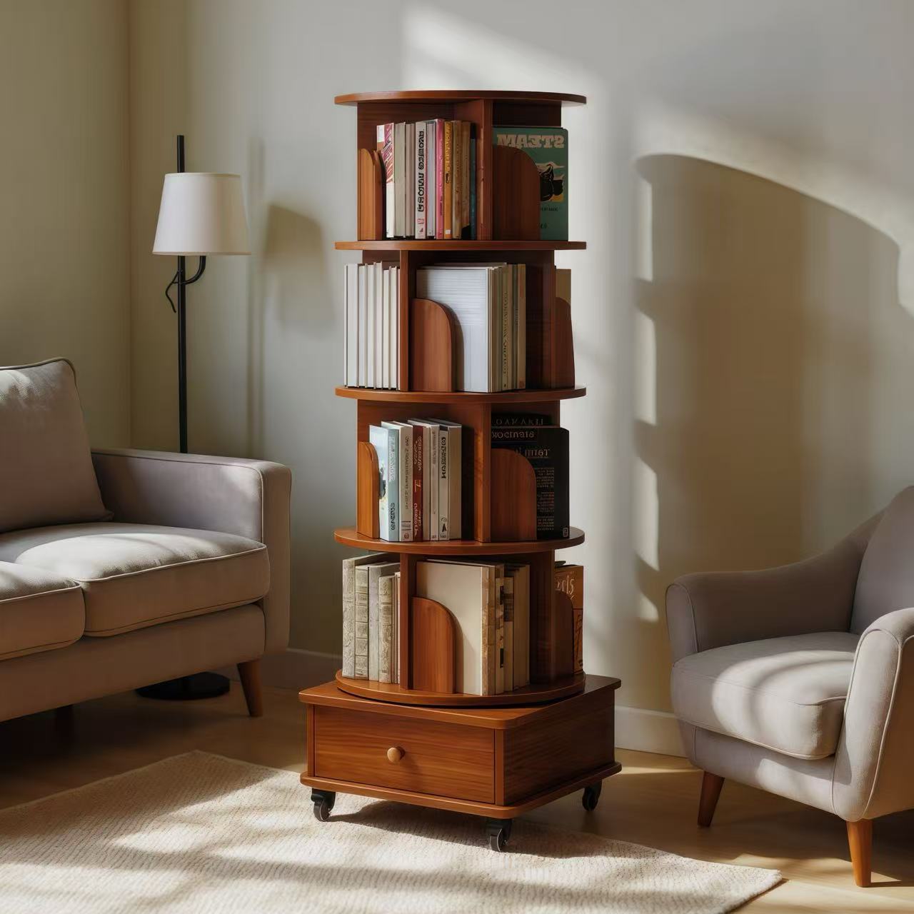Rotating Bookshelf with Drawer, 360 Display 5 Tier Corner Bookshelf for Small Space, Floor Standing Bookcase Storage Rack, Wood Narrow Organizer for Bedroom, Living Room (WALNUT) - Grand Goldman Shop