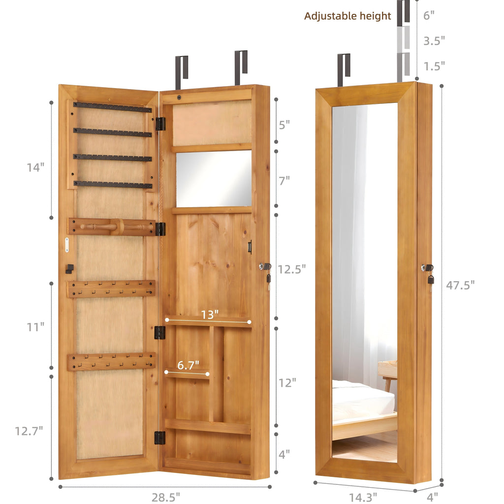 Solid Wood Jewelry Armoire Organizer Cabinet with Full-Length Mirror, Light Brown, 47.5x14.3 in Wall-Mounted Lockable with LED Light - Grand Goldman Shop