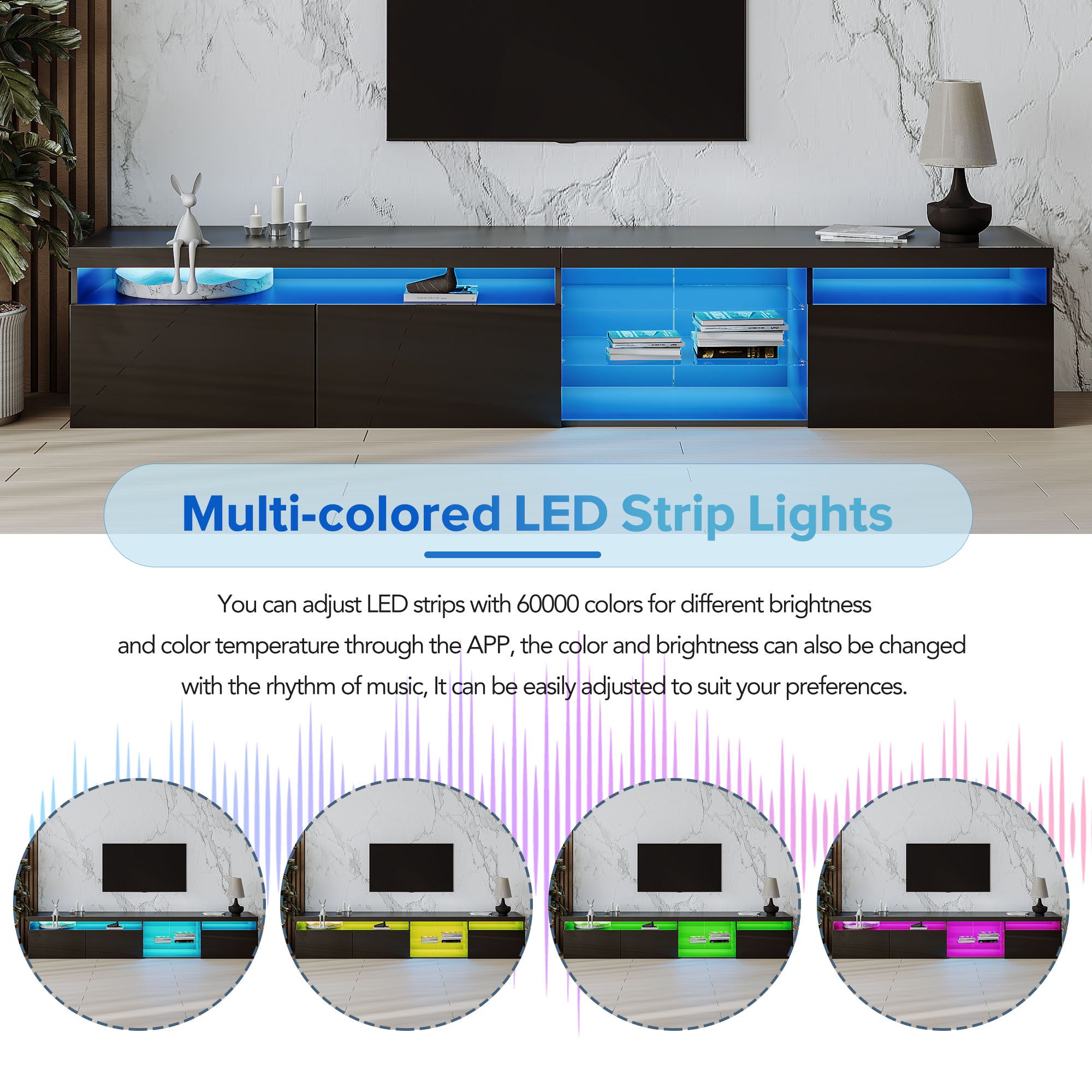 Unique Design TV Stand with 2 Glass Shelves, Ample Storage Space Media Console for TVs Up to 105', Versatile TV Cabinet with LED Color Changing Lights for Living Room, Black (OLD SKU: WF314584AAB) - Grand Goldman Shop