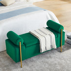 Elegant Upholstered Velvet Storage Bench with Cylindrical Arms and Iron Legs, Green - Grand Goldman Shop