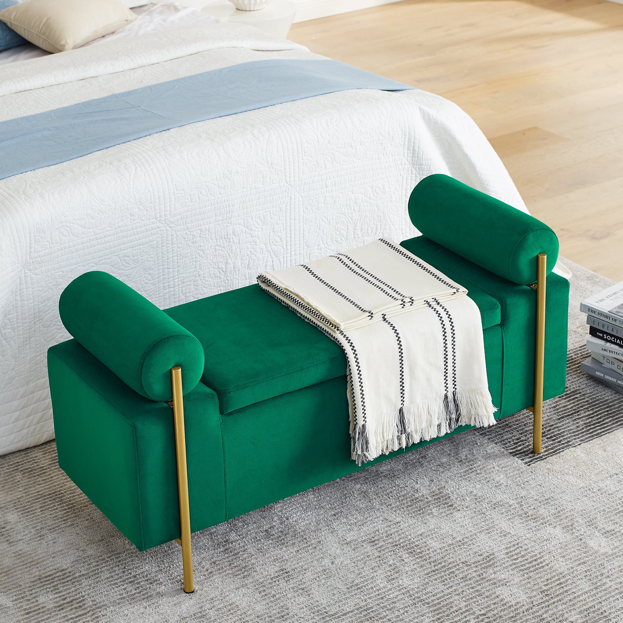 Elegant Upholstered Velvet Storage Bench with Cylindrical Arms and Iron Legs, Green - Grand Goldman Shop