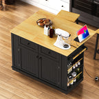 48 inch Kitchen Island with Drop Leaf,Power Outlet,Internal Storage Rack,Rolling Kitchen Storage Cart on 5 Wheels with 5 Open Side Racks,for Kitchen,Black (Old SKU N707P257057B)(Not Include Stools) - Grand Goldman Shop