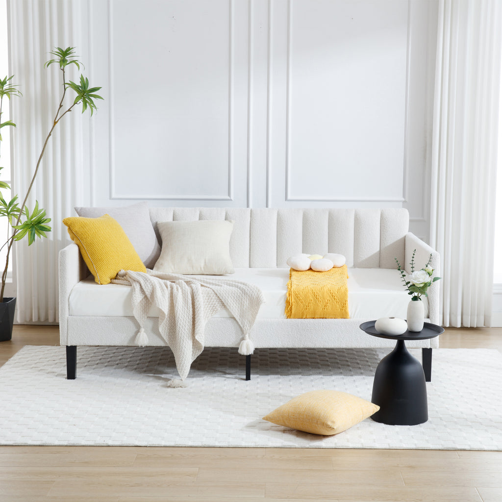 Elena Twin Size Ivory Boucle Upholstered Daybed with Ribbed Tufted Backrest in Lavish Modern Design - Grand Goldman Shop