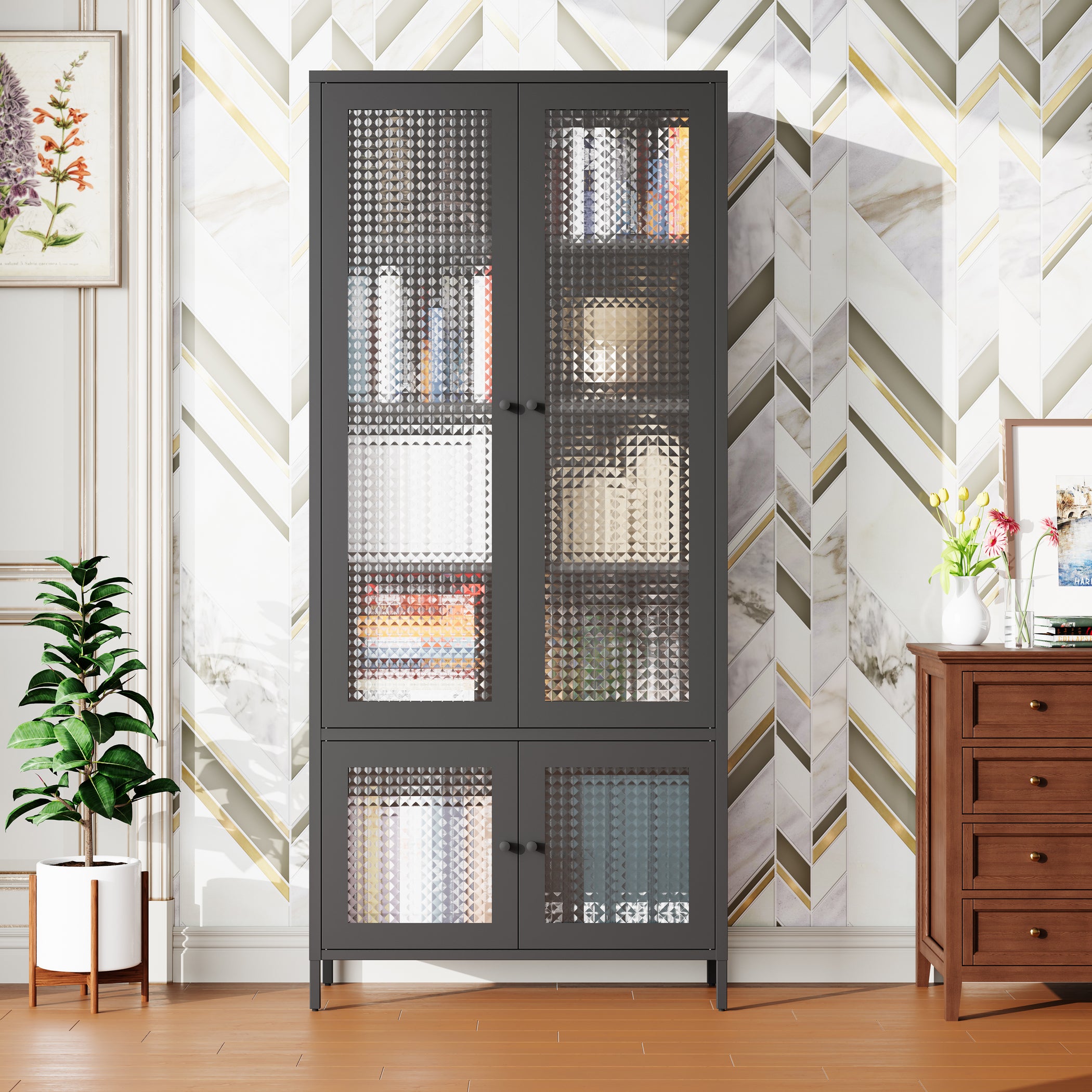 Large Metal Storage Cabinet Display Cabinet with 4 Glass Doors 5 Shelves Side Cabinet Bookcase Freestanding Cabinet for Bedro