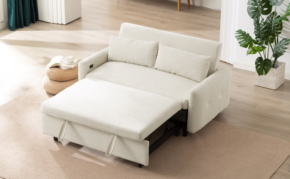 Modern Convertible Pull-out Sofa Bed with USB Ports and Pillows, Beige Corduroy, 57.48 inches - Grand Goldman Shop
