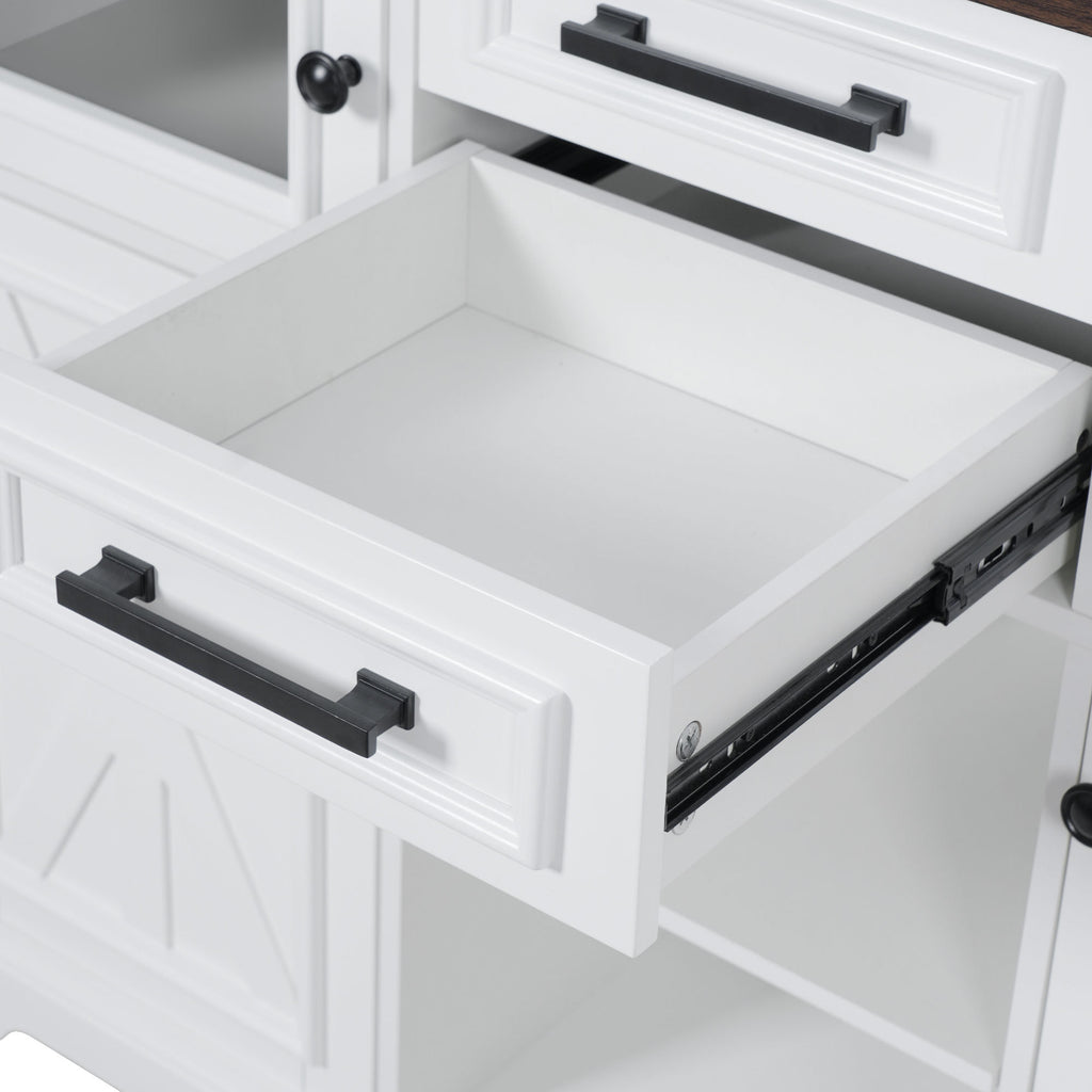 K&K 54.9' Kitchen Island with Drop Leaf, Power Outlet, Kitchen Storage Cart with 4 Door Shelves, Cross Barn Doors & Visual Glass Door, Rolling Kitchen Island on 4 Wheels for Kitchen, Dining Room,White - Grand Goldman Shop