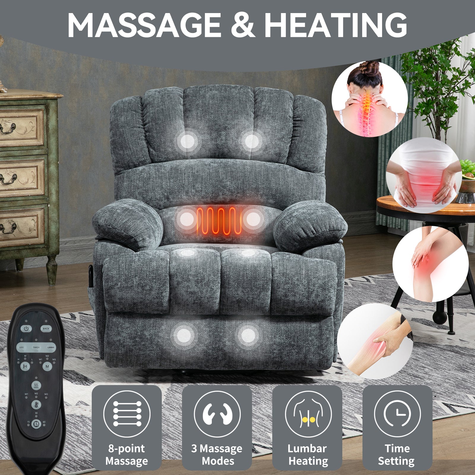 23' Seat Width and High Back Large Size Blue Grey Chenille Power Lift Recliner Chair with 8-Point Vibration Massage and Lumbar Heating - Grand Goldman Shop