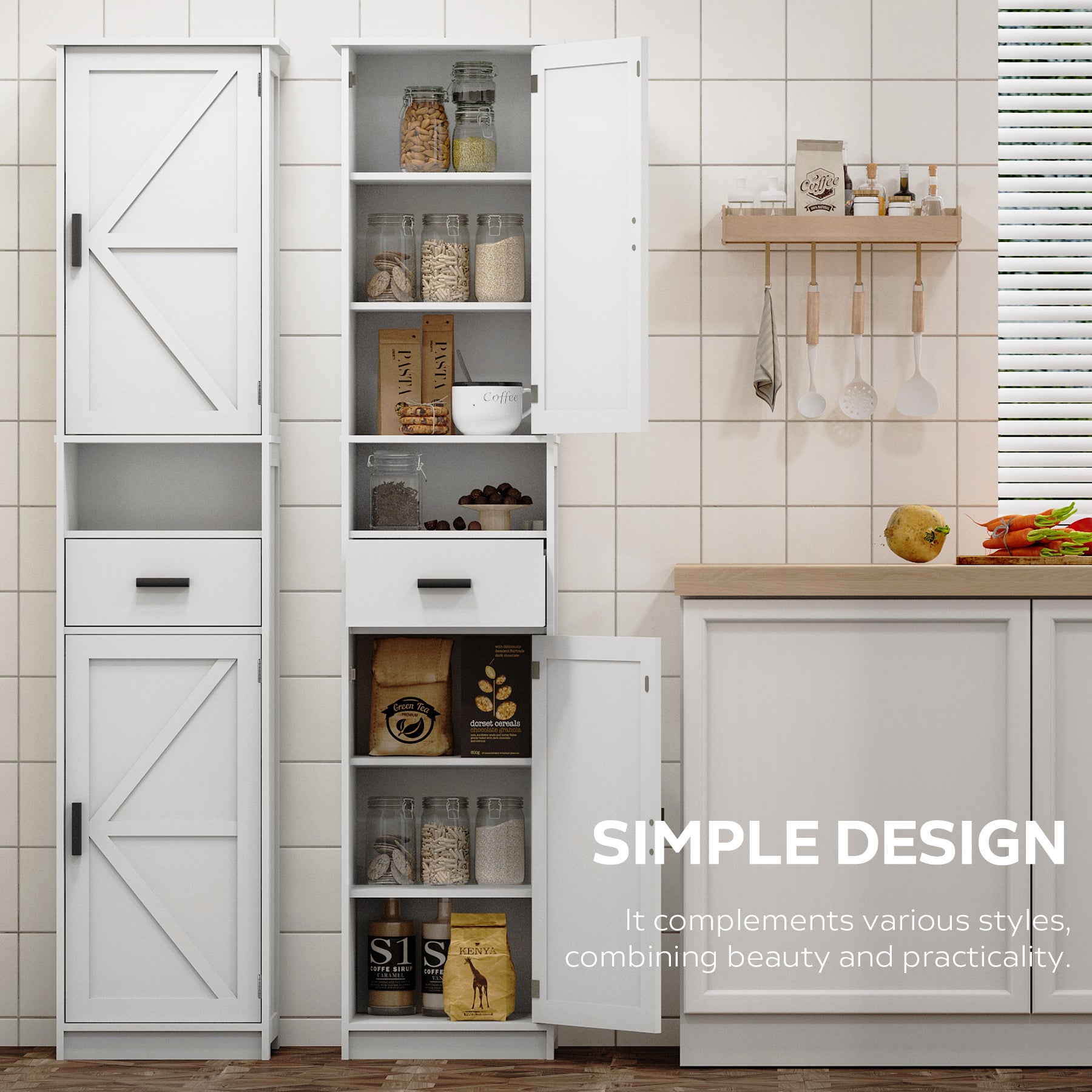 69' H Tall Bathroom Storage Cabinet with 2 Barn Doors and 1 Drawer, Narrow Storage Unit, Adjustable Shelves,Floor Cabinet for Bathroom, Living Room, Entryway,Kitchen,(White) - Grand Goldman Shop