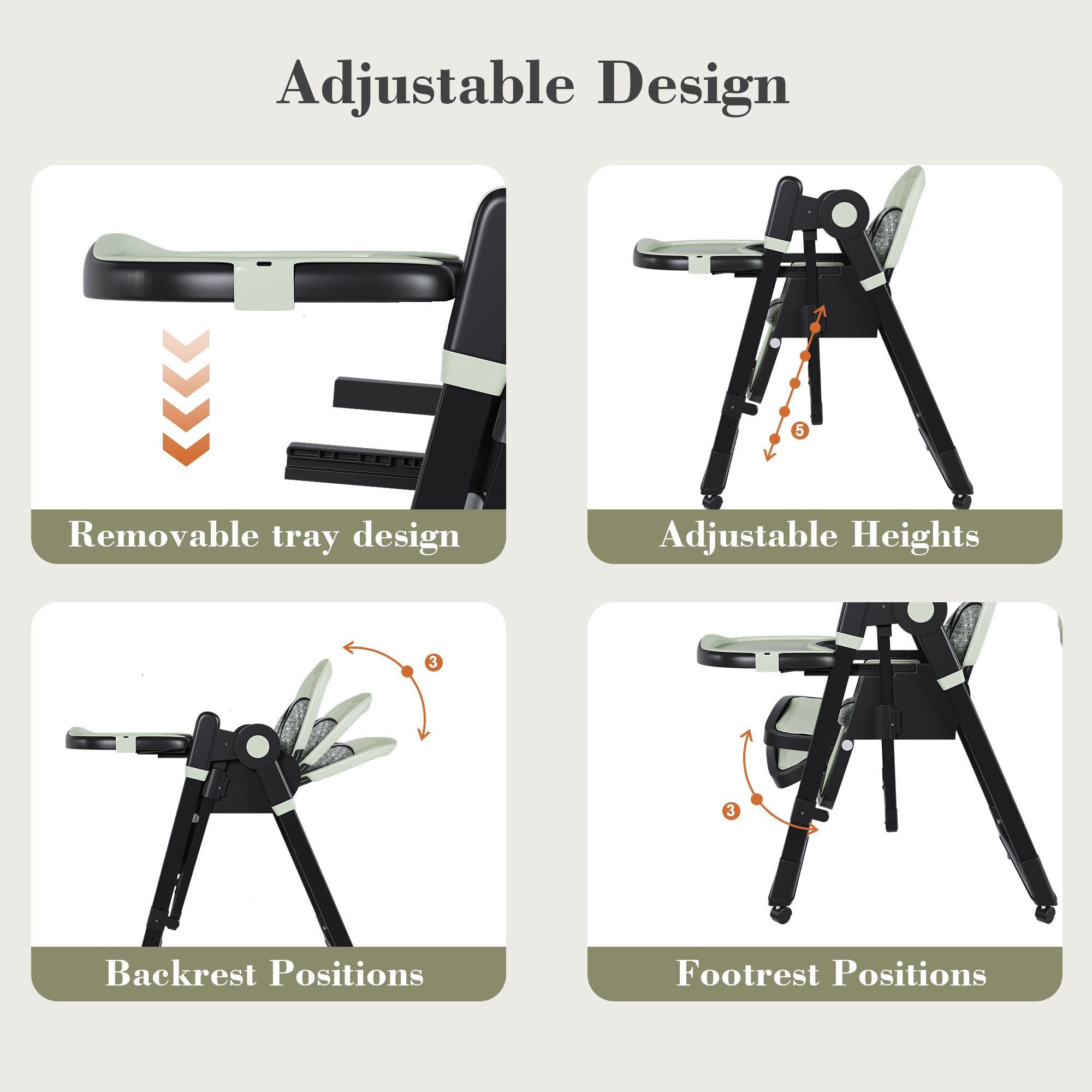 Convertible Baby High Chair to Rocker with 5-Point Harness, Foldable Infant Feeding Chair in Dark Green with Removable 2-Tier