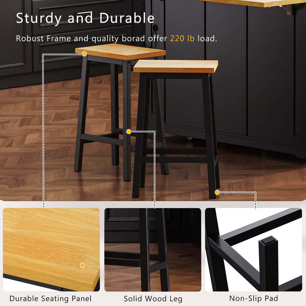 K&K 53inch Large Kitchen Island with 2 Bar Stools, Power Outlet,Door Internal Storage Rack, Kitchen Storage Cart on 5 Wheels with Drop Leaf, 5 Open Side Racks, 3 Drawers,Black (Three Packages) - Grand Goldman Shop