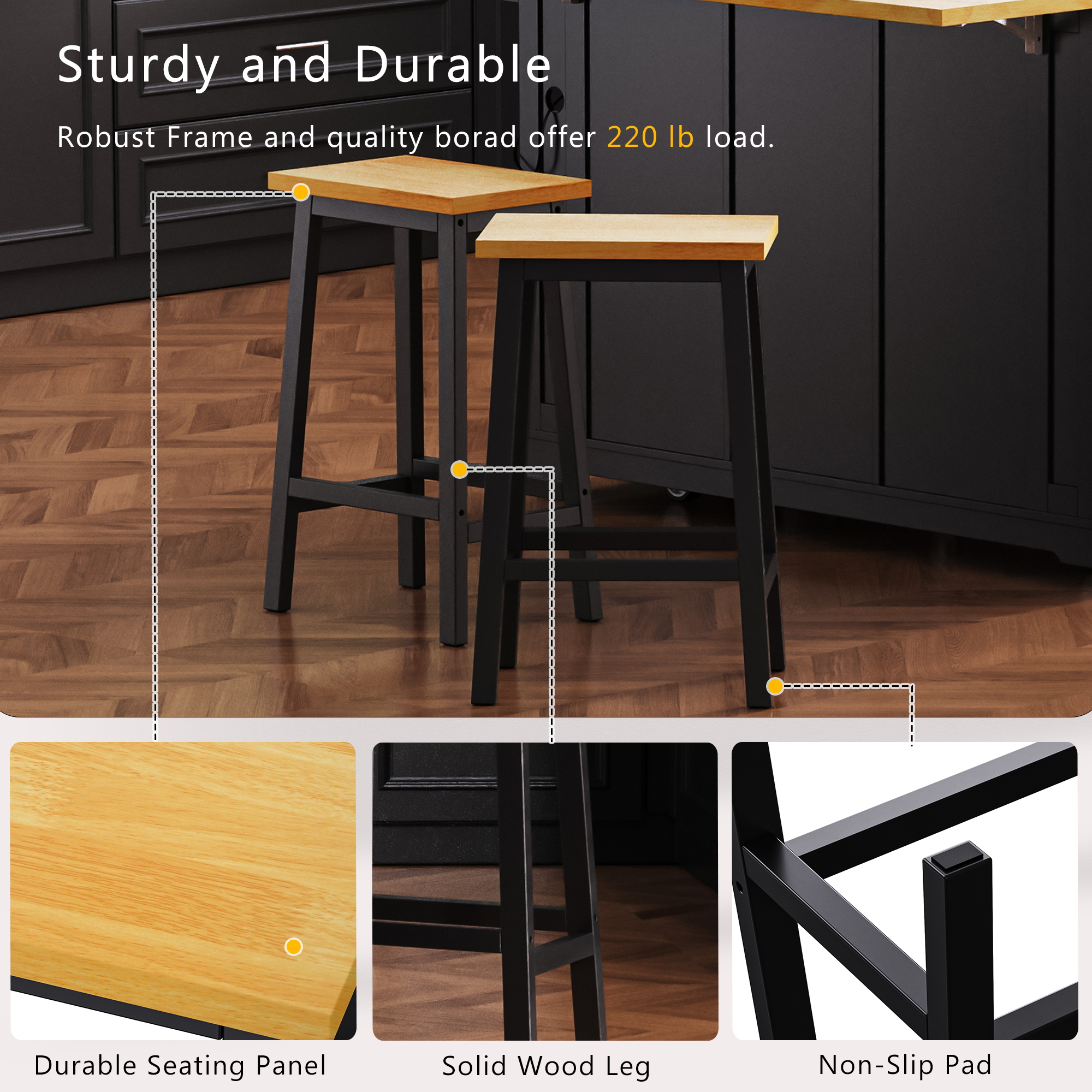 K&K 53inch Large Kitchen Island with 2 Bar Stools, Power Outlet,Door Internal Storage Rack, Kitchen Storage Cart on 5 Wheels with Drop Leaf, 5 Open Side Racks, 3 Drawers,Black (Three Packages) - Grand Goldman Shop