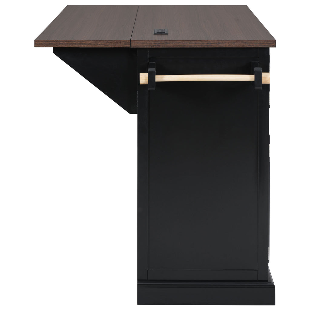 K&K 54.9' Kitchen Island with Drop Leaf, Power Outlet, Kitchen Storage Cart with 4 Door Shelves, Cross Barn Doors & Visual Glass Door, Rolling Kitchen Island on 4 Wheels for Kitchen, Dining Room,Black - Grand Goldman Shop