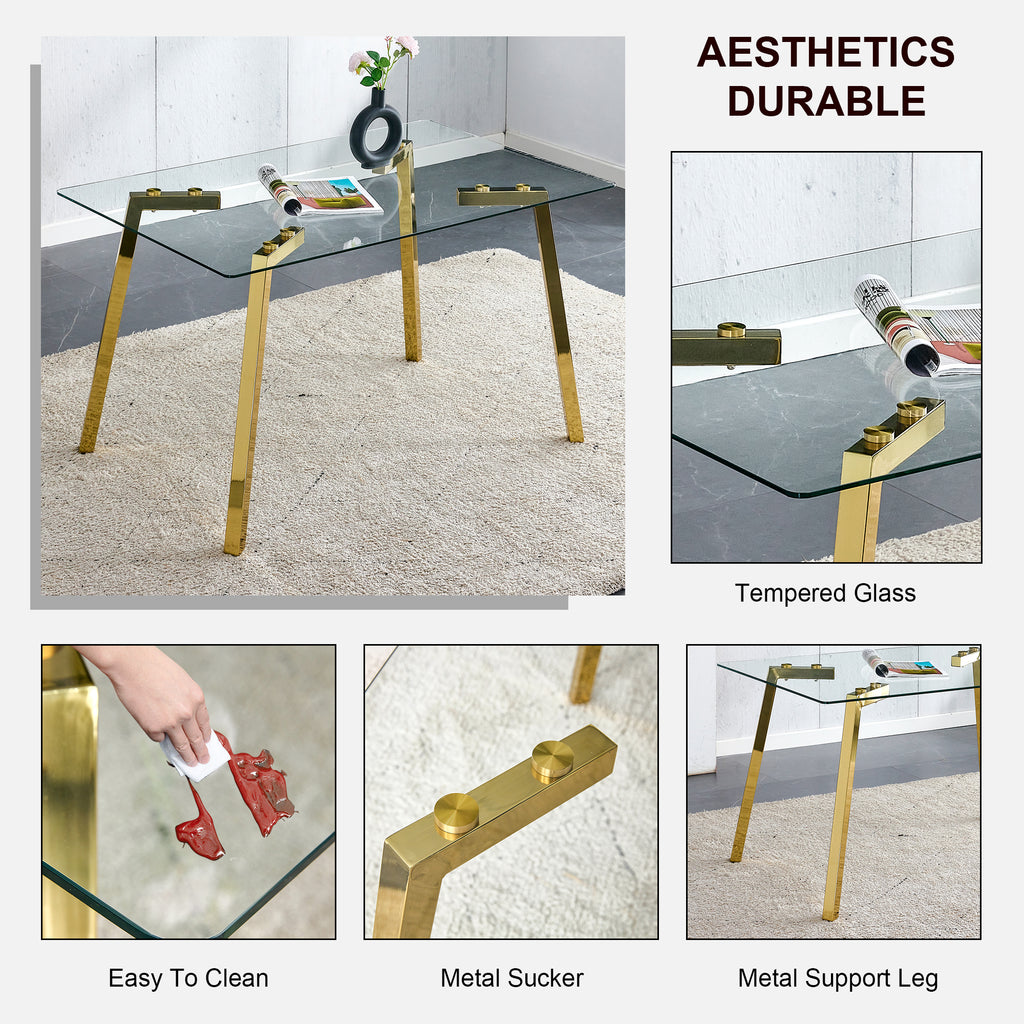 Modern minimalist style rectangular glass dining table with tempered glass tabletop and golden metal legs, suitable for kitchen, dining room, and living room, 51 ' * 31.5 ' * 29.5 '   1123 - Grand Goldman Shop