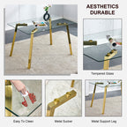 Modern minimalist style rectangular glass dining table with tempered glass tabletop and golden metal legs, suitable for kitchen, dining room, and living room, 51 ' * 31.5 ' * 29.5 '   1123 - Grand Goldman Shop