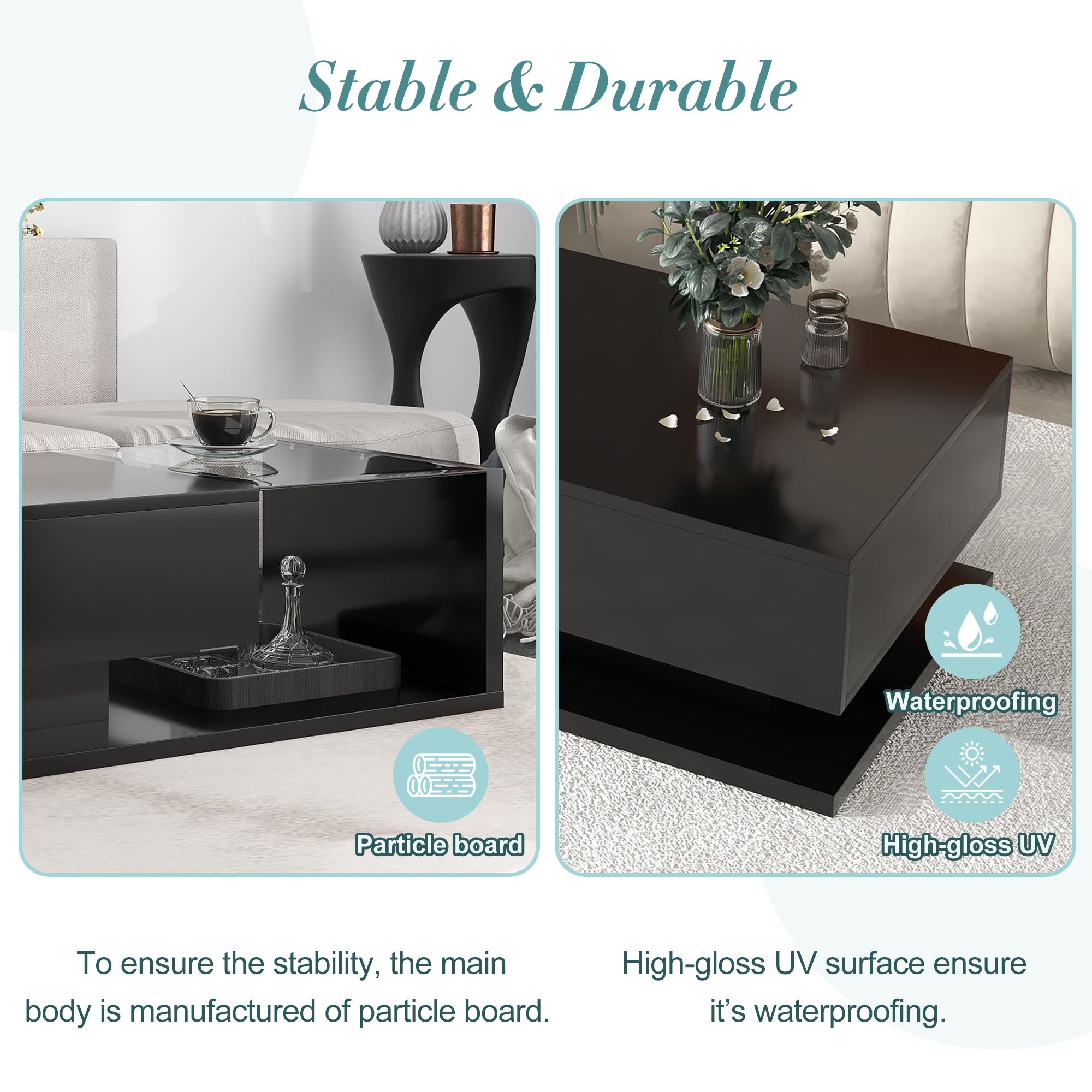 [VIDEO provided] ON-TREND Modern Coffee Table with Tempered Glass, Wooden Cocktail Table with High-gloss UV Surface, Modernist 2-Tier Rectangle Center Table for Living Room, Black - Grand Goldman Shop