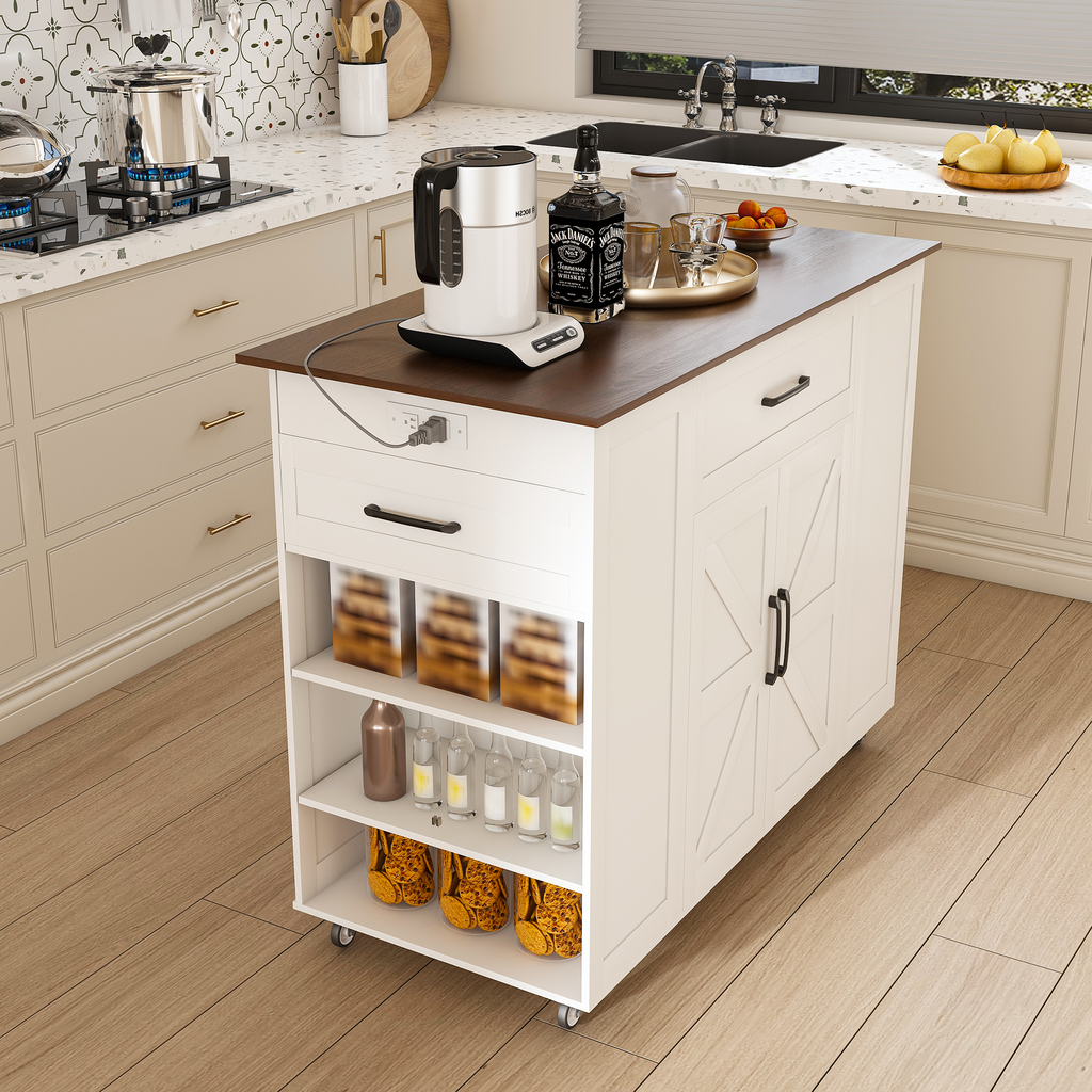 46' Kitchen Island on Wheels with Storage & Power Outlet - Movable Rustic Breakfast Bar Table, Wood Top with Adjustable Shelf & Drawer for Kitchen Dining Living Room, White - Grand Goldman Shop