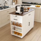 46' Kitchen Island on Wheels with Storage & Power Outlet - Movable Rustic Breakfast Bar Table, Wood Top with Adjustable Shelf & Drawer for Kitchen Dining Living Room, White - Grand Goldman Shop