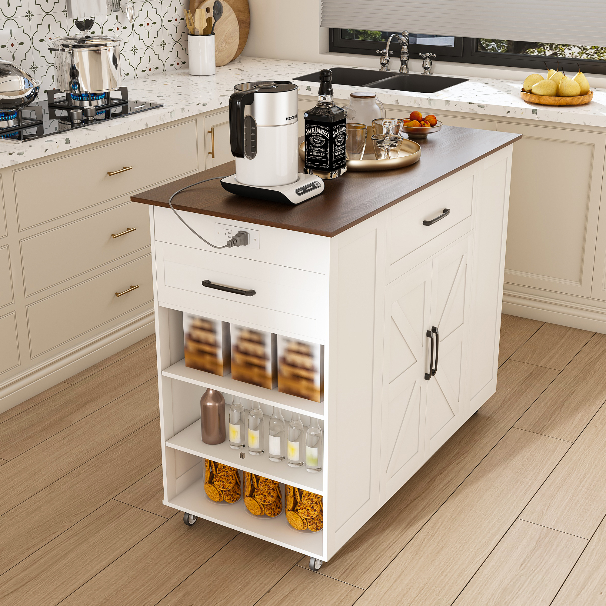 46' Kitchen Island on Wheels with Storage & Power Outlet - Movable Rustic Breakfast Bar Table, Wood Top with Adjustable Shelf & Drawer for Kitchen Dining Living Room, White - Grand Goldman Shop