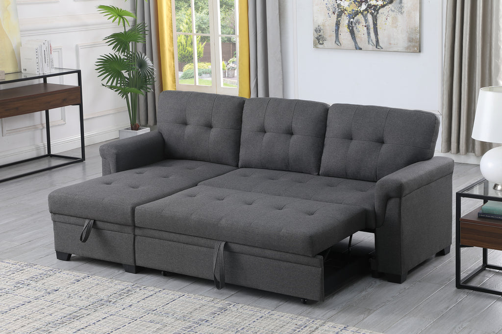 Lucca 84' Dark Gray Linen Reversible Sleeper Sectional Sofa with Storage Chaise - Grand Goldman Shop