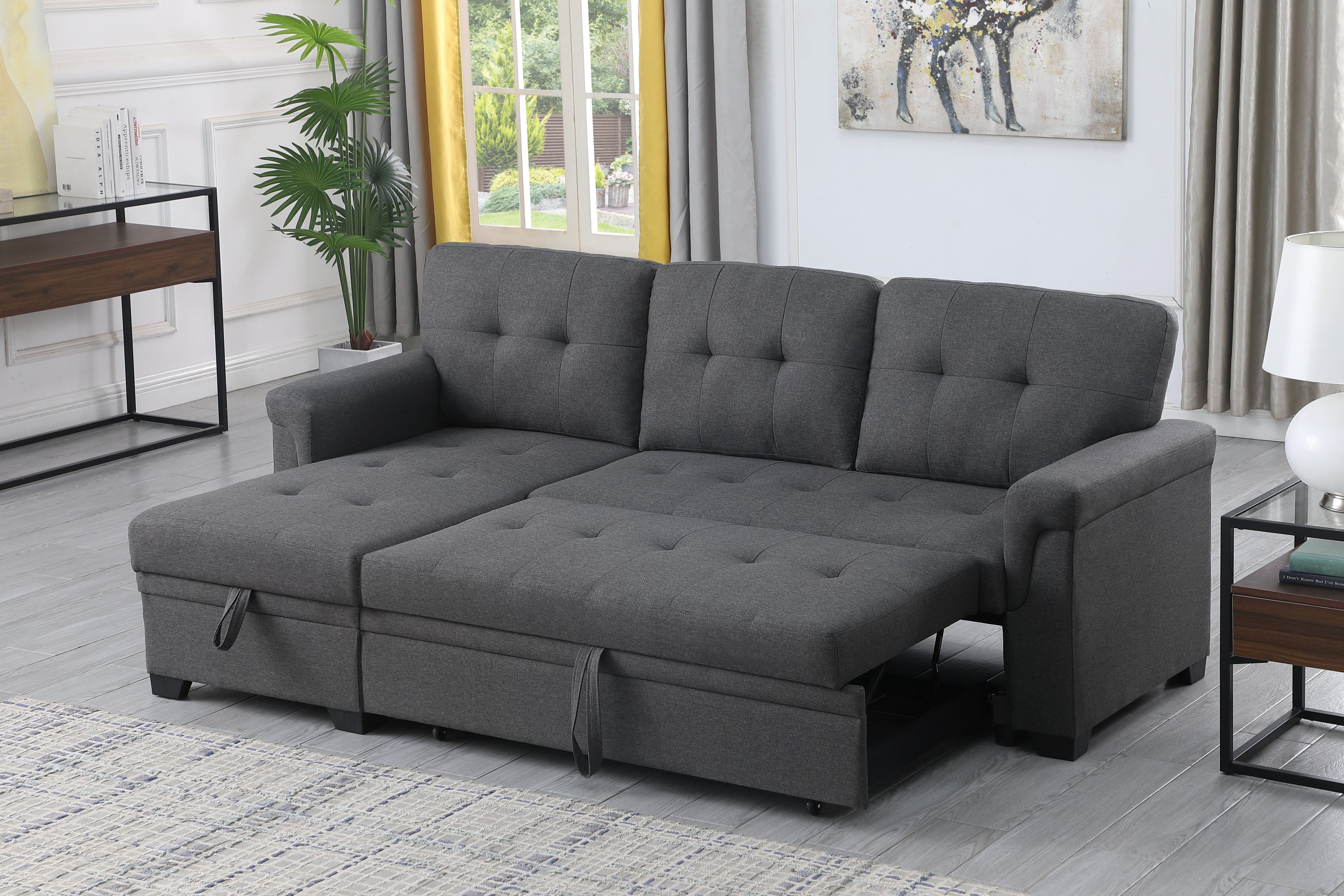Lucca 84' Dark Gray Linen Reversible Sleeper Sectional Sofa with Storage Chaise - Grand Goldman Shop