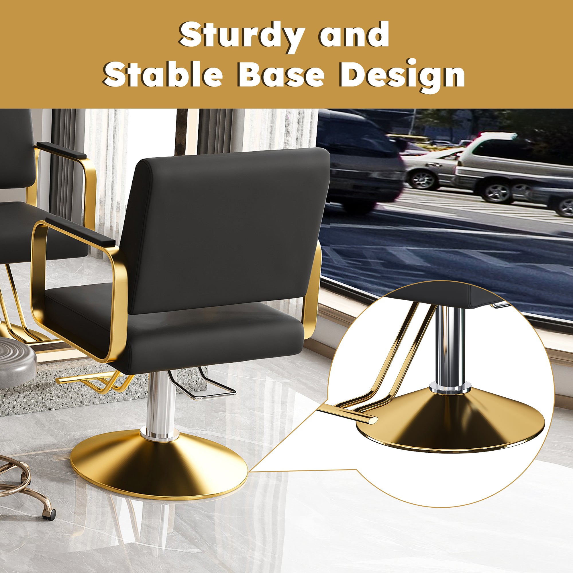 Hydraulic Salon Chair - 360° Swivel Barber Stylist Chair with Pump, Non-Tilting Design in Black and Gold PU Leather - Grand Goldman Shop
