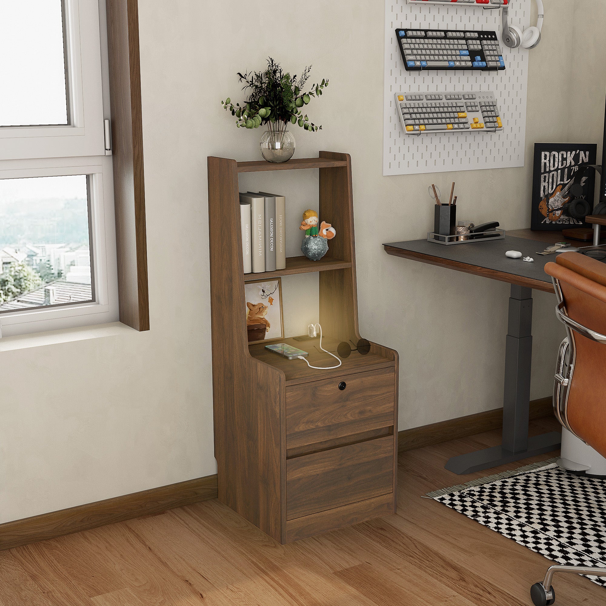 Nightstand with Charging Station, Smart Nightstand with Night Light, Modern Night Stand with Bookshelf, Bedside Tables with Storage Cabinet for Bedroom, Wood - Grand Goldman Shop