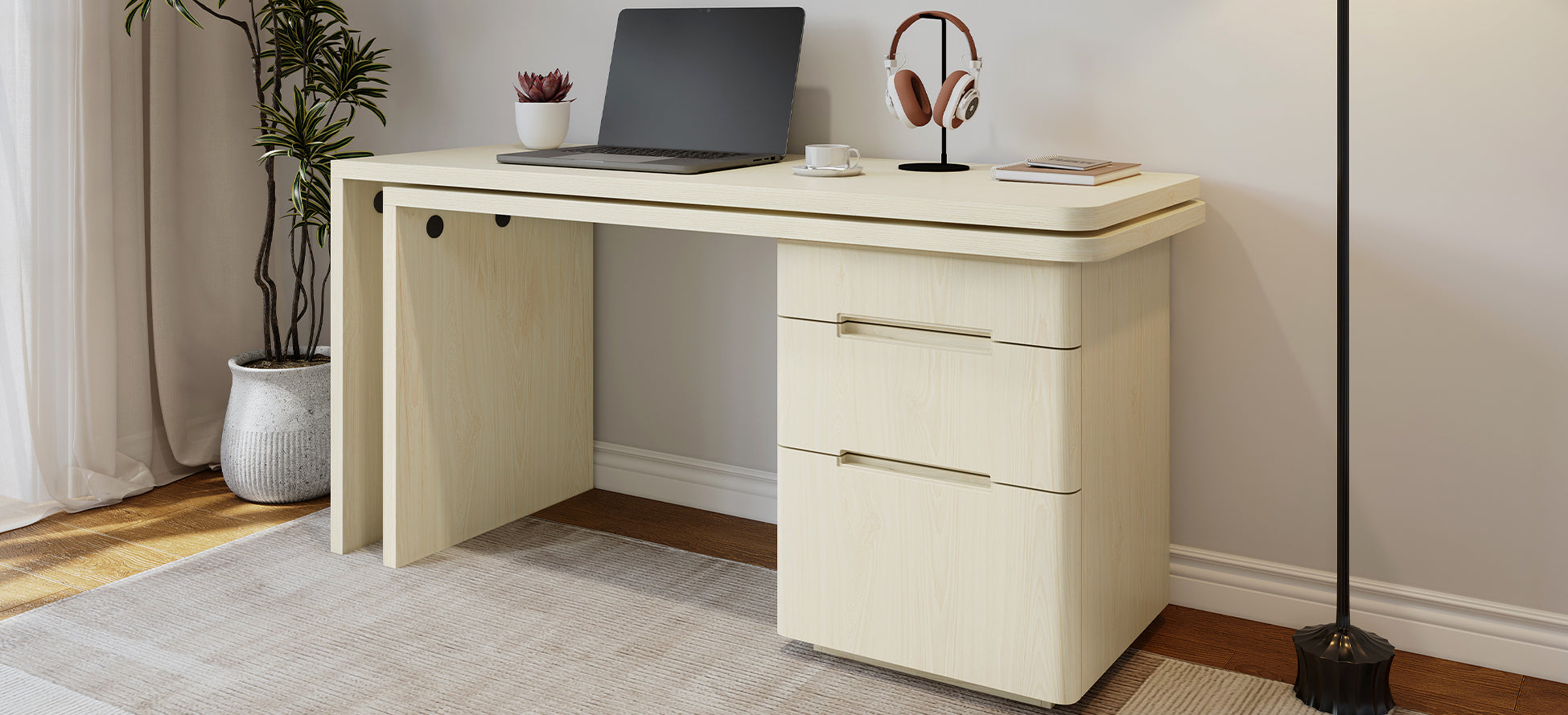90' Modern L Shaped Desk in Natural Wood with 3 Drawers,360° Wood Rotating Desk,Executive Office Desk,Corner Desk,Office Stud