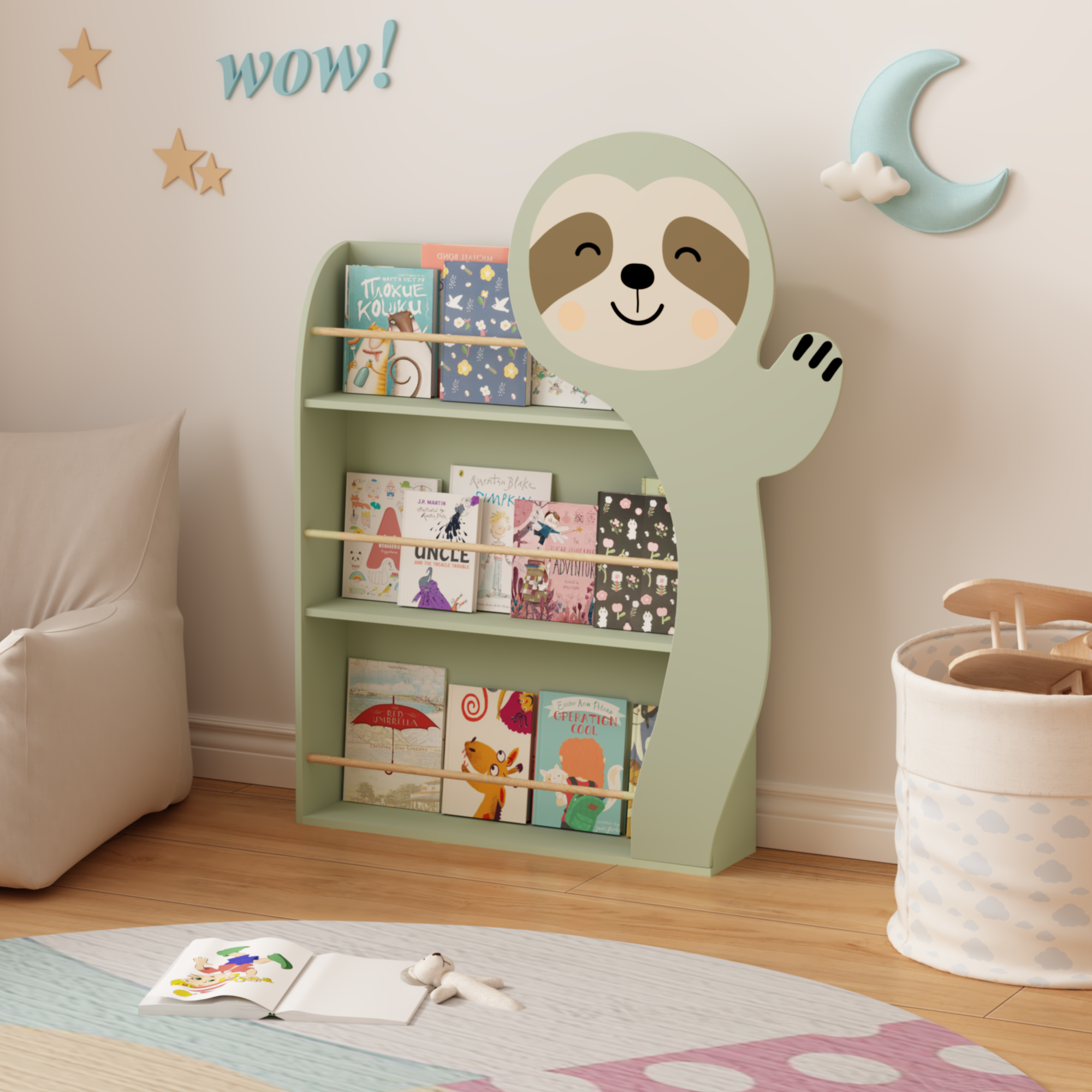 Sloth Kids Bookshelf, Front-Facing Toddler Book Display Rack with 3 Tiers, Cute Animal Design, Wooden Nursery Bookshelf for P