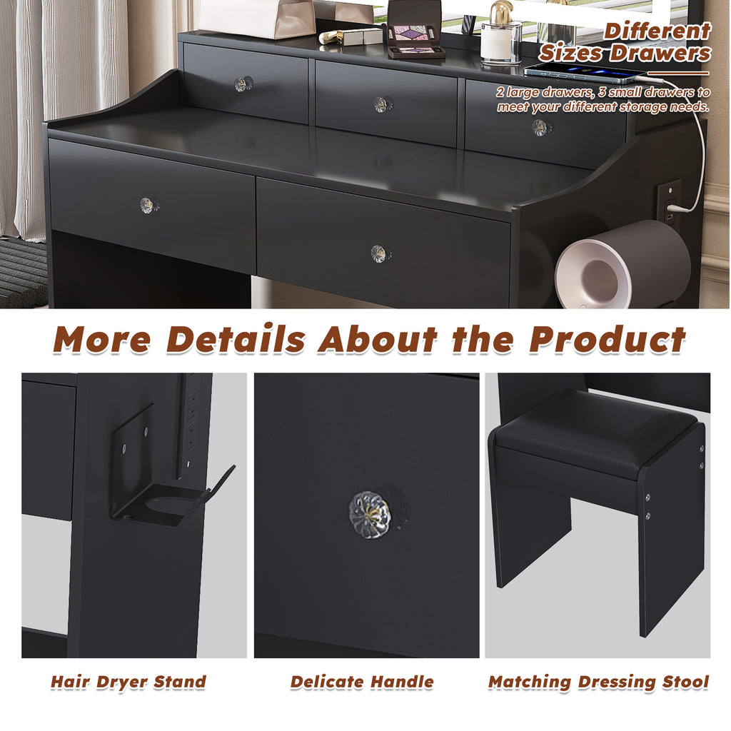 Modern Black Makeup Vanity Set with Power Outlet, Hair Dryer Holder, and Adjustable Lighting - Grand Goldman Shop