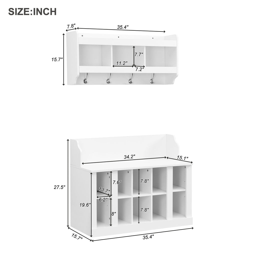 ON-TREND Shoe Storage Bench with Shelves and 4 Hooks, Elegant Hall Tree with Wall Mounted Coat Rack, Entryway Organizer For Hallway, Foyer, Mudroom, White - Grand Goldman Shop