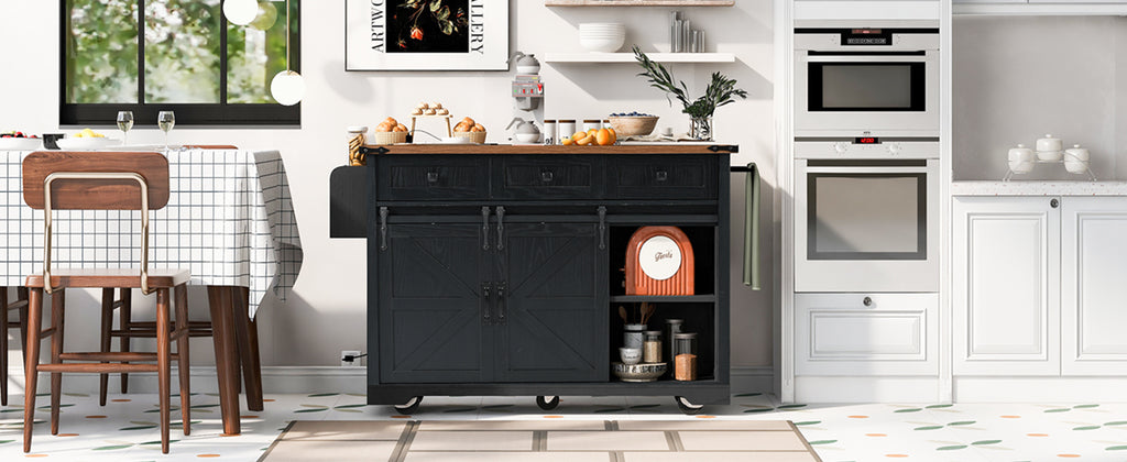 K&K 53.7' Farmhouse Kitchen Island with Power Outlet, 2 Sliding Barn Door Kitchen Storage Island with Drop Leaf, Spice Rack Rolling Kitchen Cart on Wheels, for Home, Kitchen and Dining Room, Black - Grand Goldman Shop
