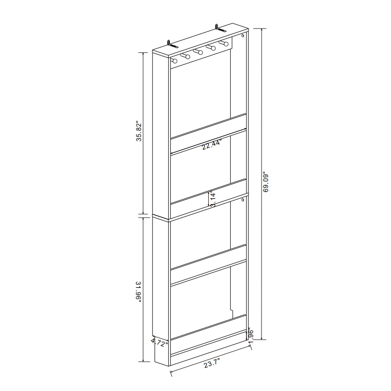 Behind The Door 69' Tall Bookcase with 4 Shelves and 5 hooks,  Space-Saving Narrow storage cabinet for Living Room, Children's Room, Study Room, Kitchen, Corridor-Antique White - Grand Goldman Shop