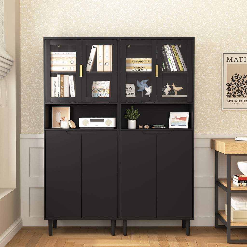 Tempered Glass Door Tall Storage Bookcase with adjustable board, 4 doors MDF painting finished cabinet, Black, Living room Bedroom storage - Grand Goldman Shop