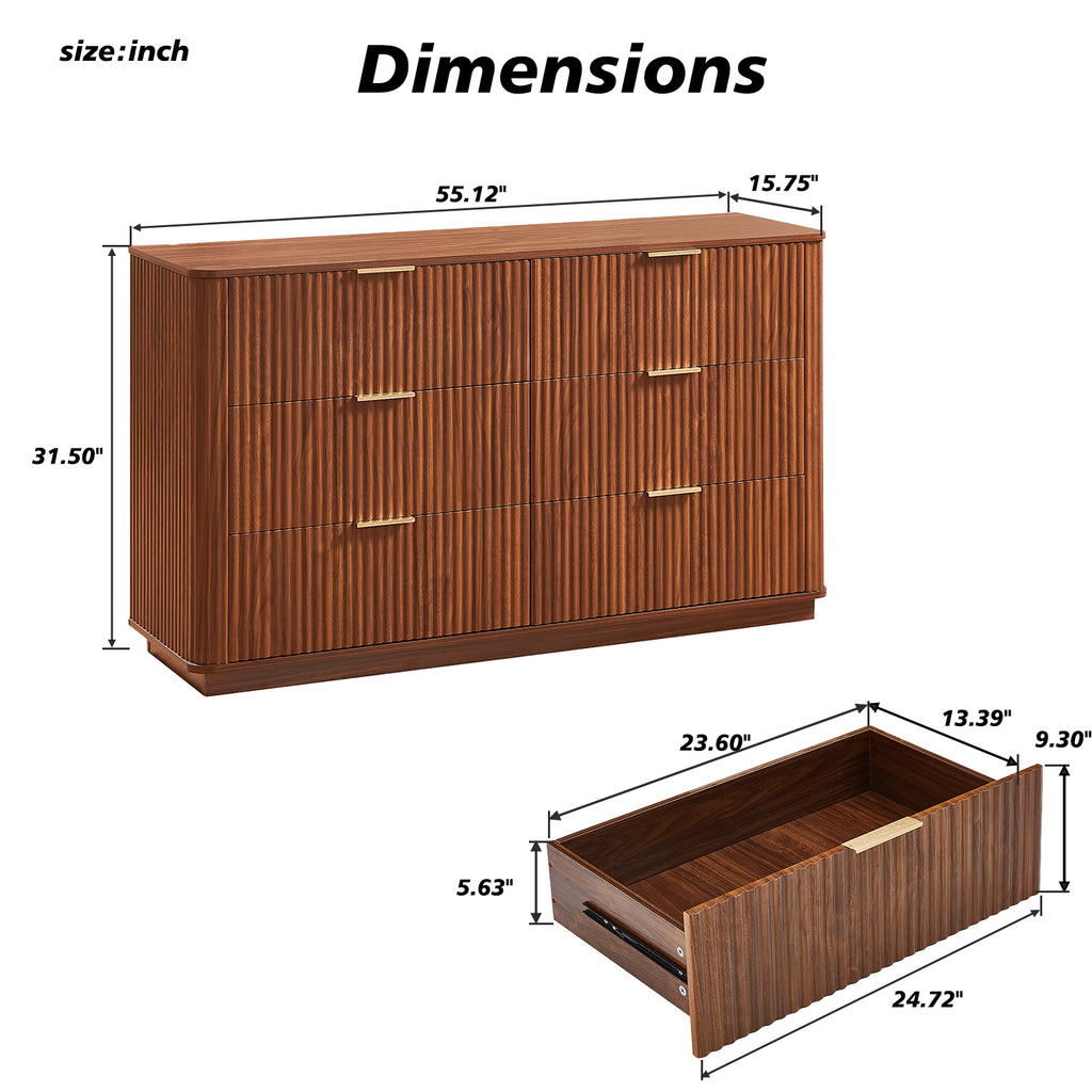 6 Drawers Dresser,55' Wide Modern Chest of Drawers Curved wave Design, Dresser TV Stand, Wood Drawer Organizer for Bedroom, Living Room, Hallway, Walnut,55.12''W x 15.75''D x 31.5''H. - Grand Goldman Shop