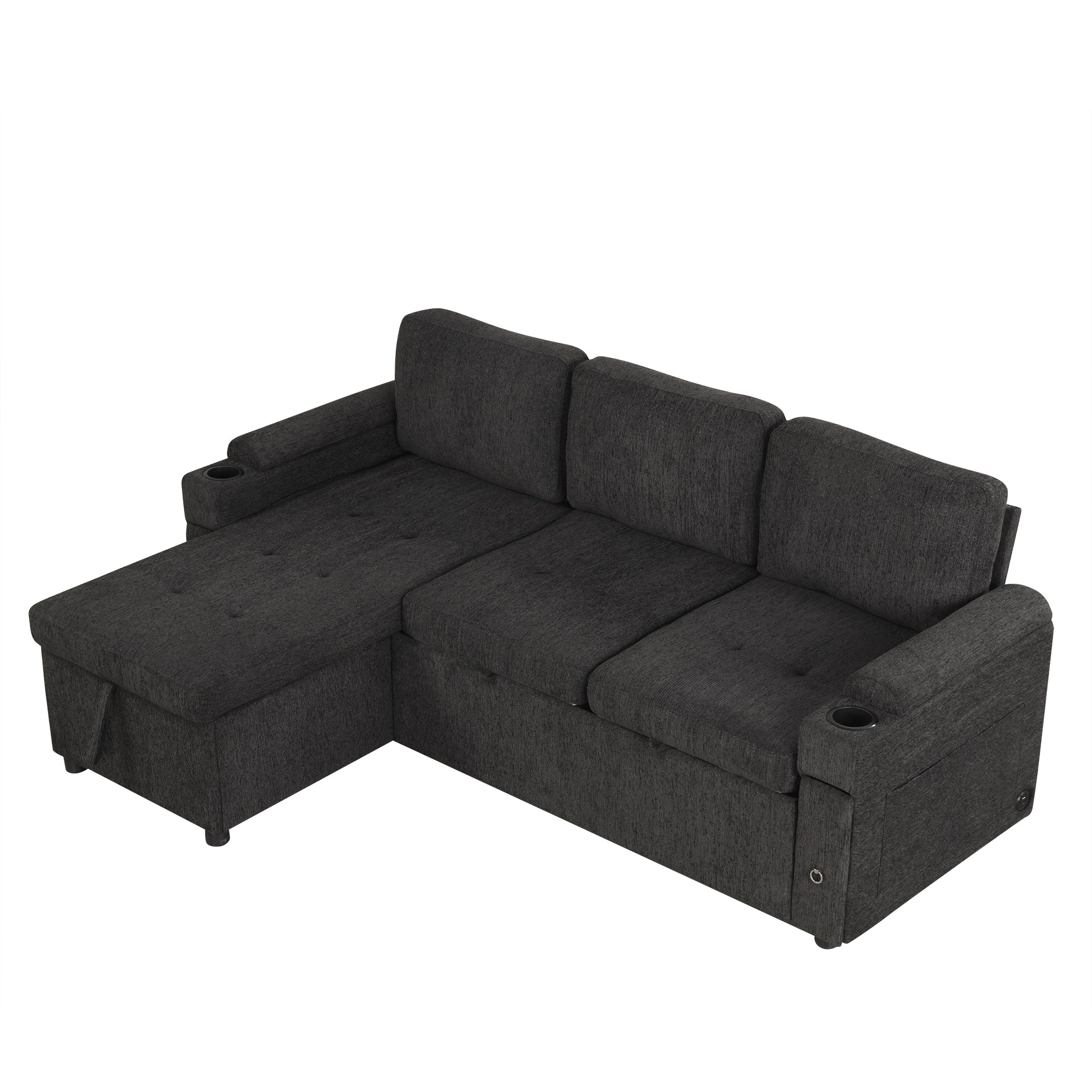 Black Convertible L-shaped Sofa Couch with Storage, Cup Holders, USB Ports, Chenille Fabric, 83.5' - Grand Goldman Shop