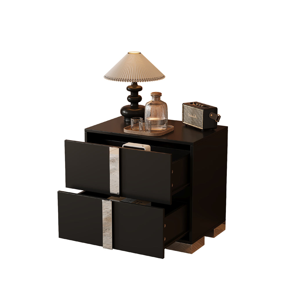 Elegant Nightstand with Metal Foot, Mirrored Bedside Table with 2 Drawers for Bedroom, Living Room, Black - Grand Goldman Shop